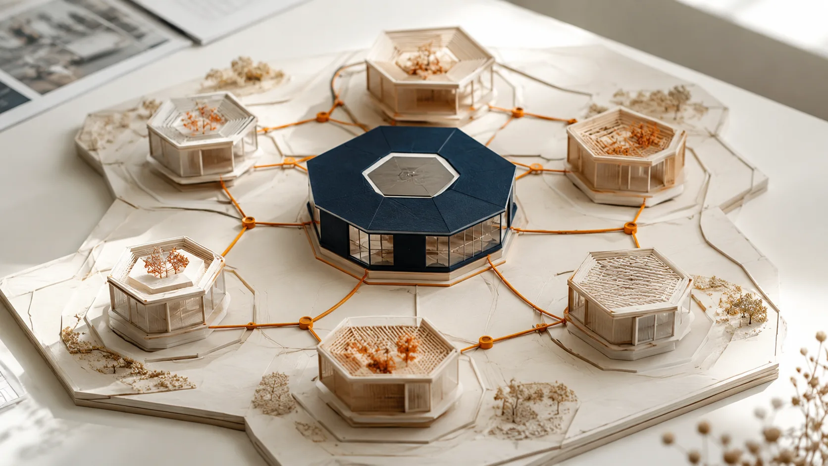 Architect's maquette of the TMG ecosystem: a navy flagship building on cream topographic terrain