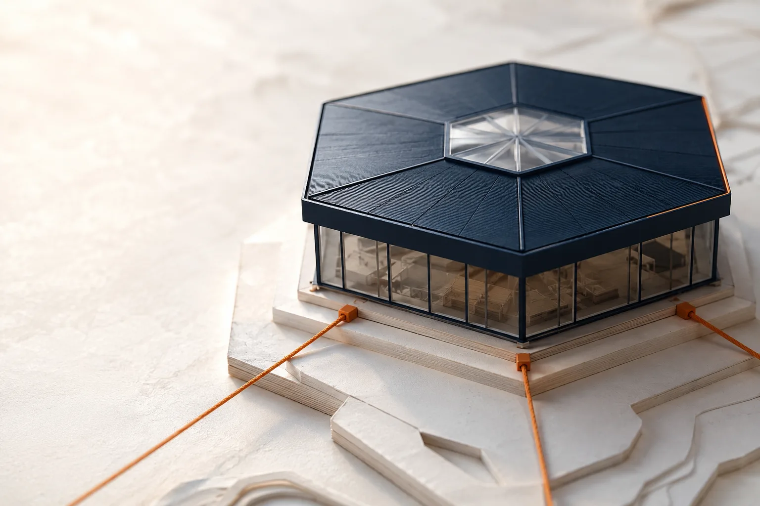 Architect's scale maquette of the TMG flagship building, orange cords anchored at its base
