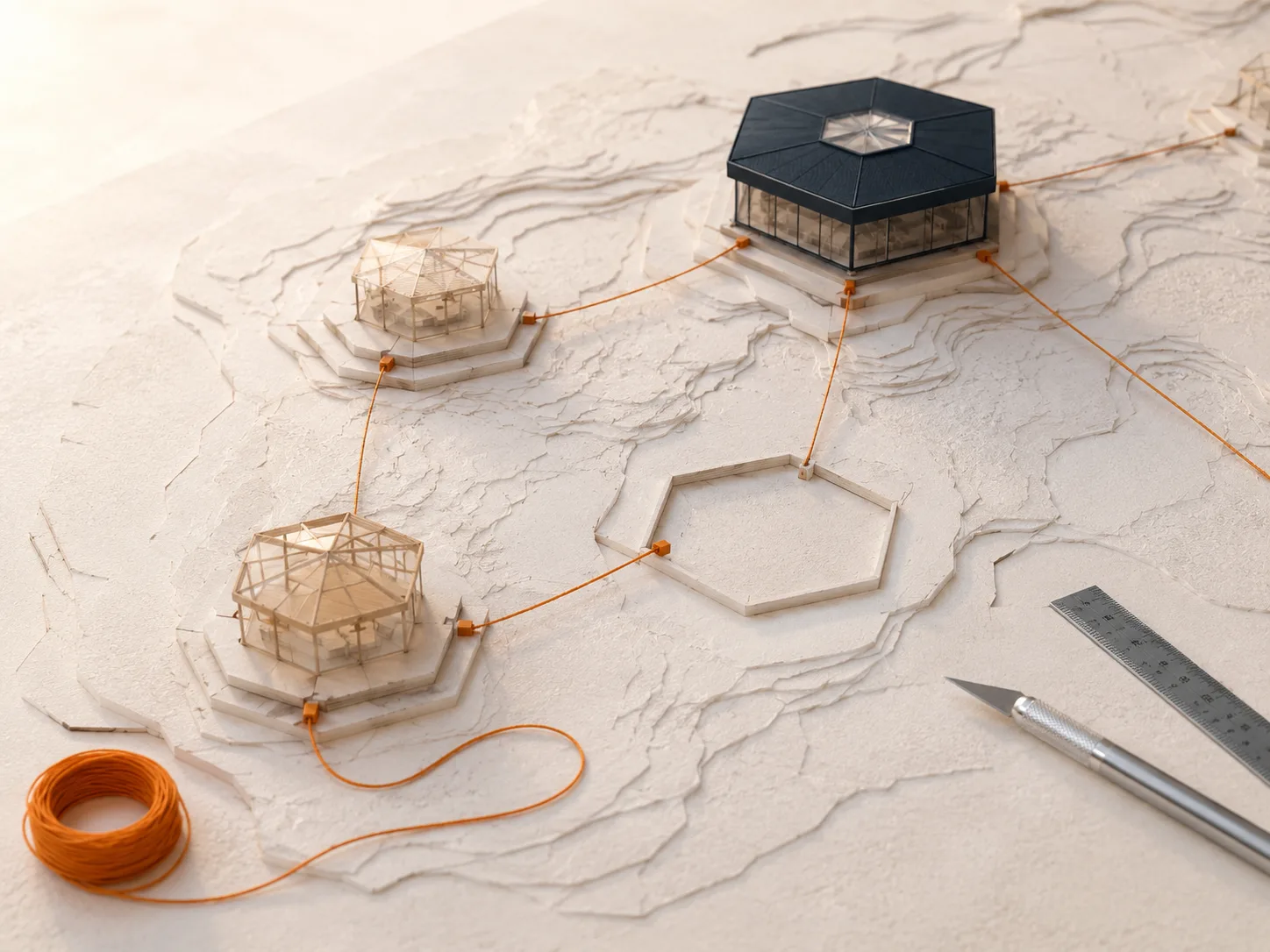 Architect's maquette showing the operating flow connecting the TMG buildings